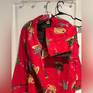 Never worn pajama set, robe-one size fits most, bottom S. Flannel coffee design